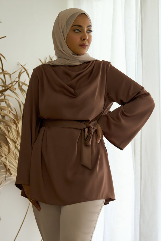 Draped Satin Blouse- Bronze